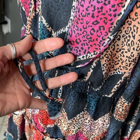 Mulla Long Sleeve Multicolor Animal Print Mini tiered Dress Medium Pink & Blue - Picture 15 of 15